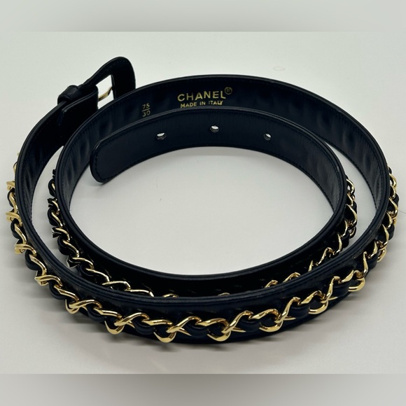 CHANEL Vintage Gold Chain Black Leather Belt NEW CONDITION